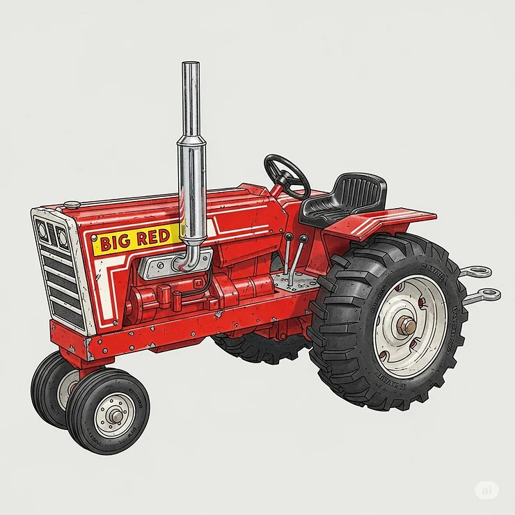 A detailed drawing of a vintage toy pulling tractor from the 1970s, showcasing its classic design.