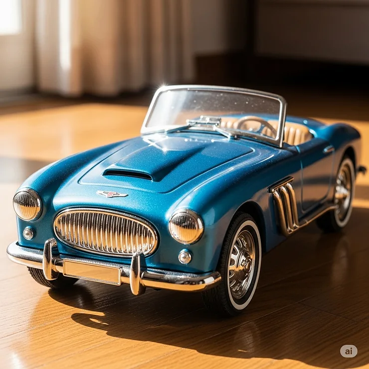 A classic blue vintage toy sports car with a metallic finish.