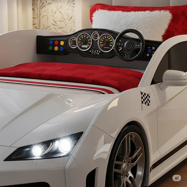 Close-up of a white race car bed for kids, featuring LED headlights and a detailed dashboard for a realistic, immersive play experience.