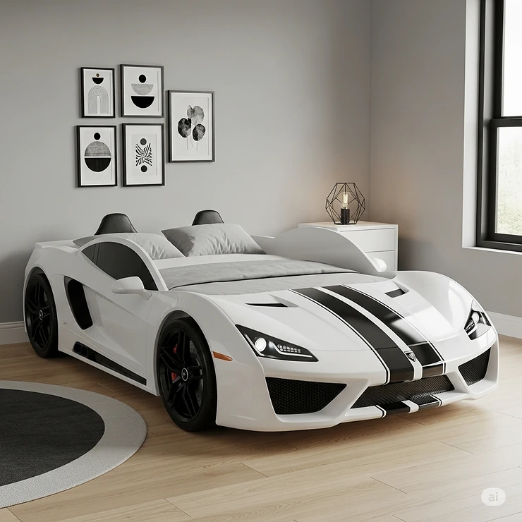 A sleek, white sports car bed with black racing stripes, designed for a modern or minimalist kids' room.