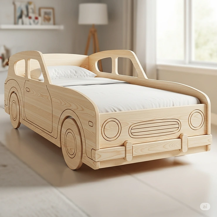 A natural wood car bed, showcasing a simple, classic design with a durable frame.