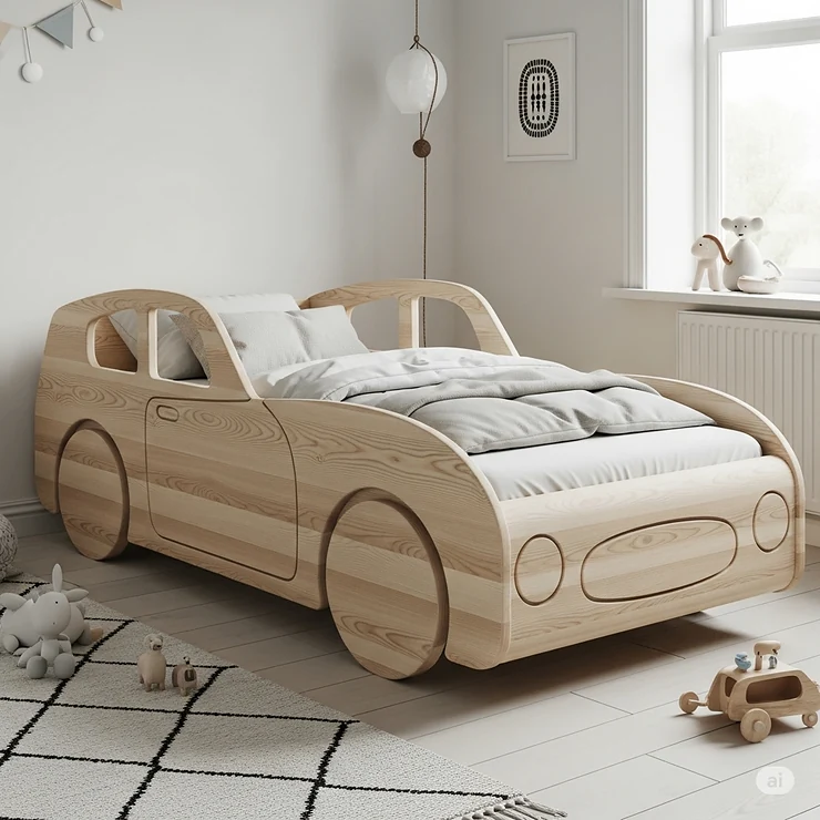 A natural wood car bed with a simple, elegant design, suitable for a more rustic or Scandinavian-style kids' room.