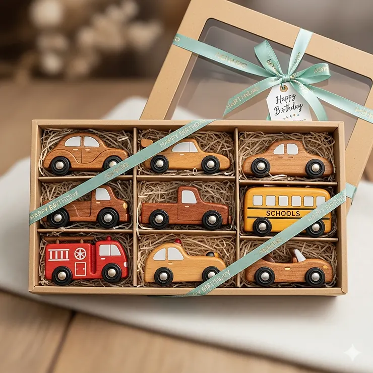 A nicely packaged gift set of assorted wooden cars, perfect for a birthday or special occasion.
