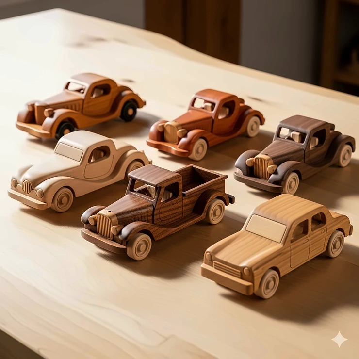 A beautifully handcrafted collection of wooden toy cars on a smooth, natural-wood surface, showcasing different models and designs.