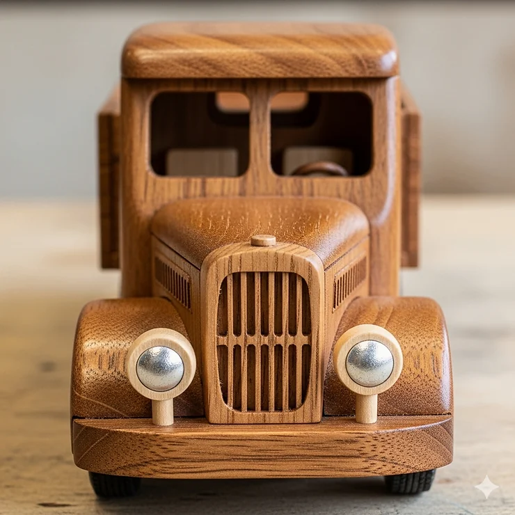 The front view of a miniature wooden lorry, showcasing its cab and headlights.