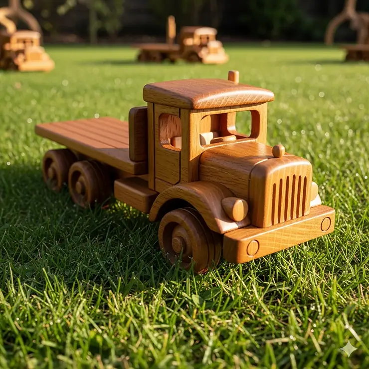 A beautifully finished wooden lorry toy sitting on a grassy lawn.