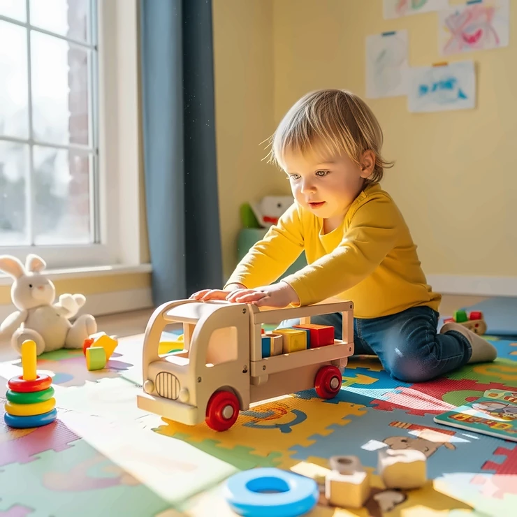 A small child plays with a wooden lorry on the floor of a brightly lit playroom.
