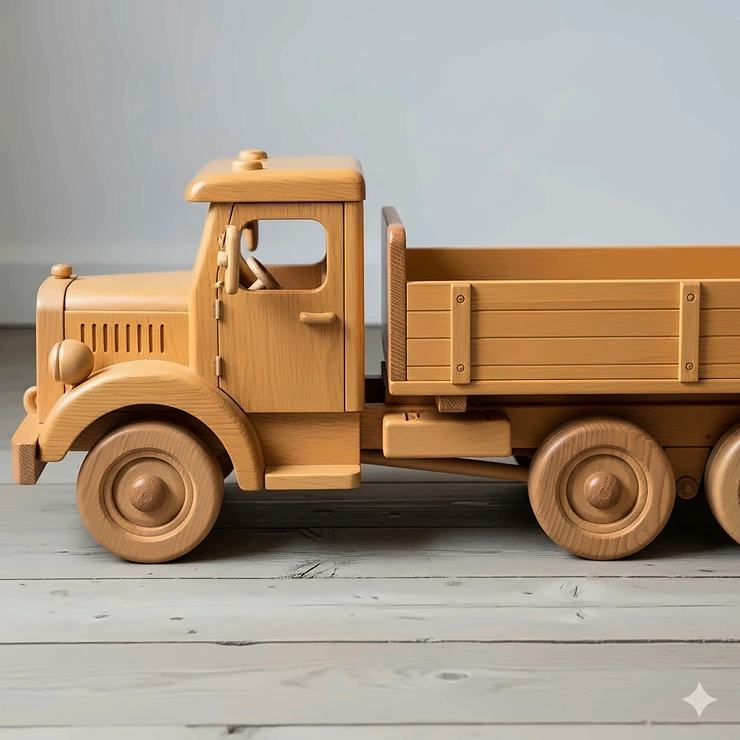 A detailed side view of a large, handcrafted wooden toy lorry.