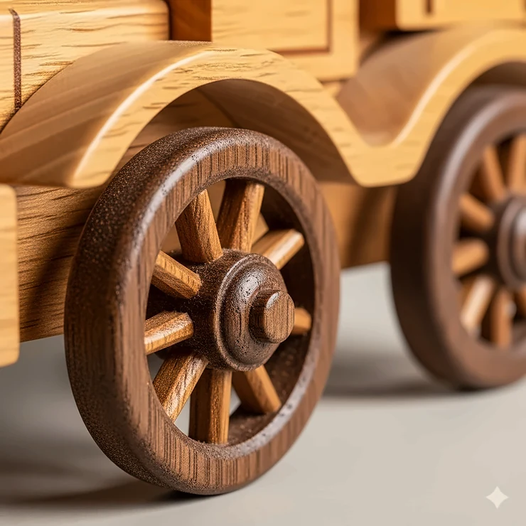 A close-up shot of the finely carved wooden wheels on a toy lorry.