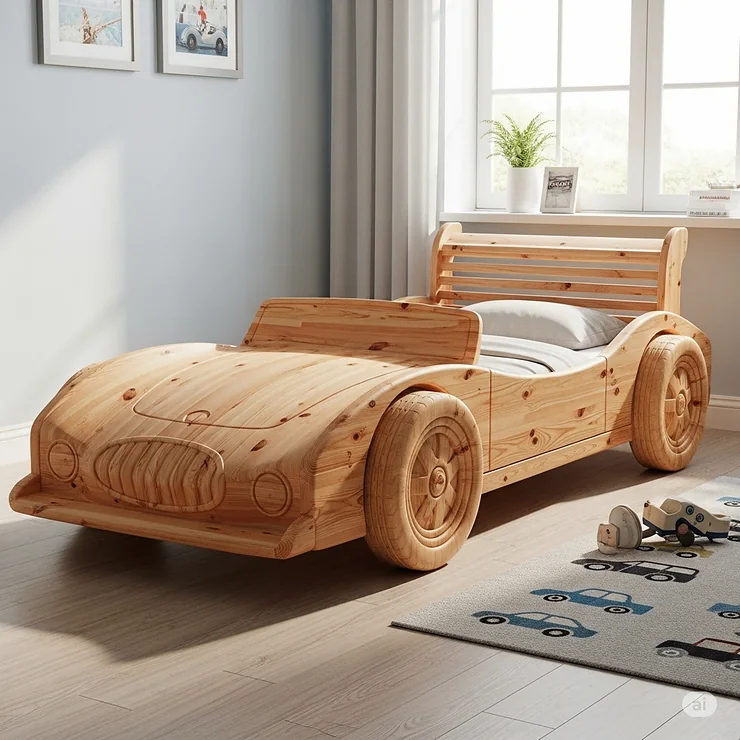A beautifully crafted wooden race car bed made from solid pine, highlighting the quality construction and classic design of a durable kids' bed.