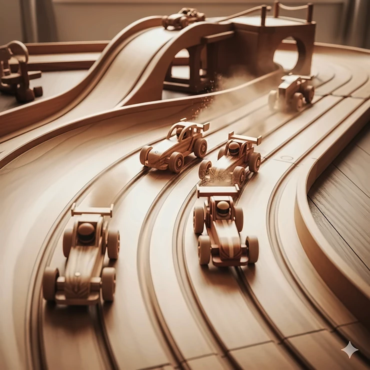 A few wooden race cars speeding down a custom-built wooden track, capturing a sense of motion and excitement.