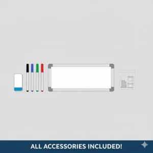 A clear shot of all the accessories included with the purchase of a 24x36 dry erase board, such as a marker tray, an eraser, and one or more dry erase markers.