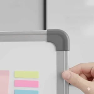 A close-up shot highlighting the durable aluminum frame and rounded corners of a 24x36 dry erase board, emphasizing its modern design and safety features.