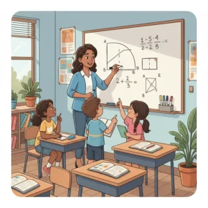 Students gather around a teacher using a 24x36 dry erase board to illustrate a math problem. The board is mounted at a comfortable height for the classroom and is filled with clear, easy-to-read diagrams.