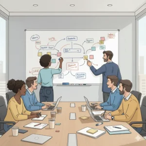 A team is brainstorming using a large 24x36 dry erase board in a corporate meeting room. The board is covered with ideas, flowcharts, and sticky notes, showing its versatility for group collaboration.