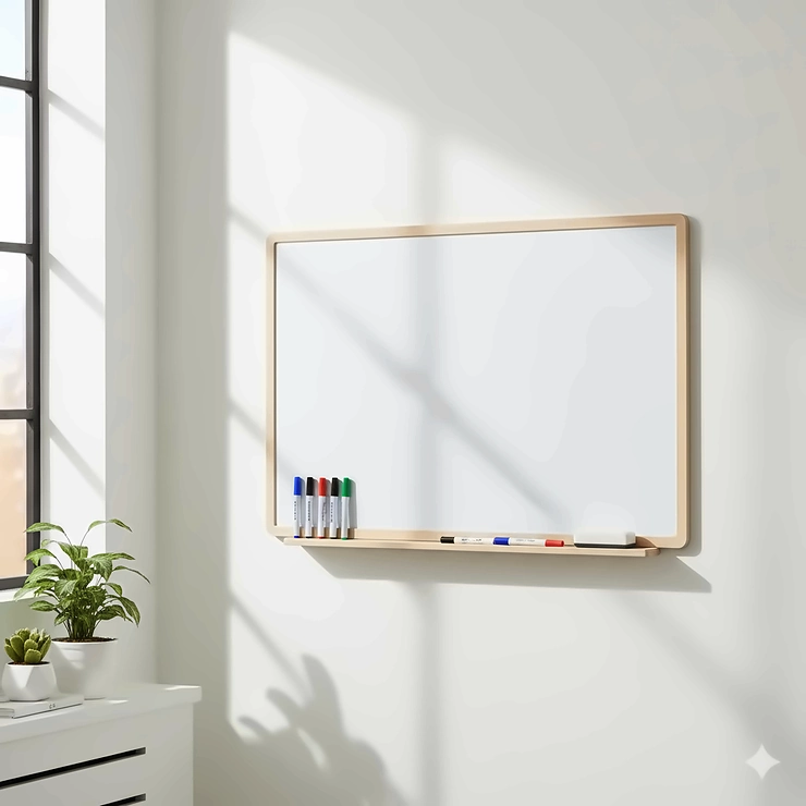 A high-quality, professional photograph of a 24x36 dry erase board mounted on a white wall in a modern office. The board is clean and features a stylish wooden frame, with a set of colorful dry erase markers and an eraser neatly placed on the tray below.