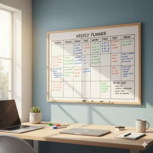 A 24x36 dry erase board is a central organizing tool in a cozy, well-lit home office. It's used for a weekly planner, with handwritten notes and a to-do list for personal productivity.