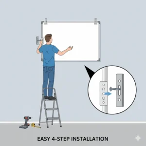 A person is easily mounting a 24x36 dry erase board on a wall using the included hardware. The image shows the simple, straightforward installation process, highlighting the mounting brackets.