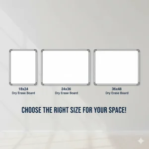 A visual comparison of a 24x36 dry erase board next to other common sizes, like 18x24 and 36x48, to help customers understand the scale and choose the right size for their needs.