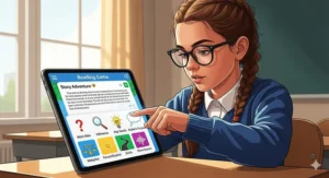 A digital illustration of a fifth-grader playing a reading game on a tablet, with icons representing comprehension questions and literary devices.