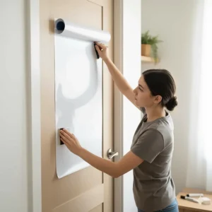 An adhesive whiteboard film applied to a bedroom door, showing how it can transform any smooth surface into a writing space.