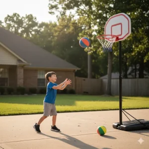 An adjustable basketball hoop set up on a driveway, ideal for a growing 5-year-old to practice shooting skills.