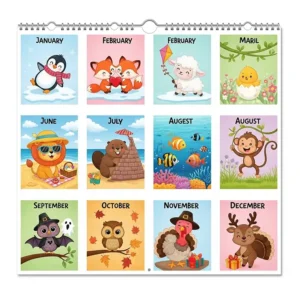 A fun wall calendar for children featuring cute, cartoon animal illustrations for each month, perfect for an animal-themed room.