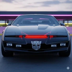 The Autobot logo subtly integrated into the design of K.I.T.T., suggesting a potential crossover between the two franchises.