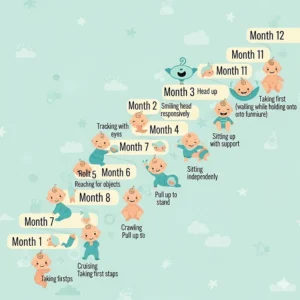 A graphic timeline illustrating key baby milestones, such as smiling, sitting up, and crawling, throughout the first twelve months.