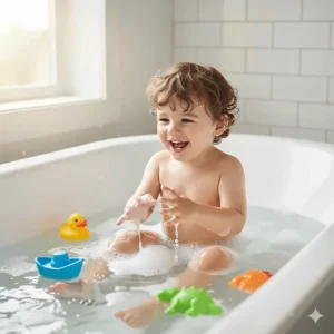 Fun floating bath toys, making bathtime enjoyable for a 2-year-old boy.