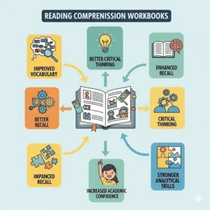 An infographic illustrating the benefits of using reading comprehension workbooks, such as improved vocabulary and recall.