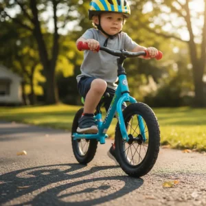 Close-up of a child's helmet and hands gripping the handlebars of a durable balance bike, one of the best outdoor toys for 5 year olds.