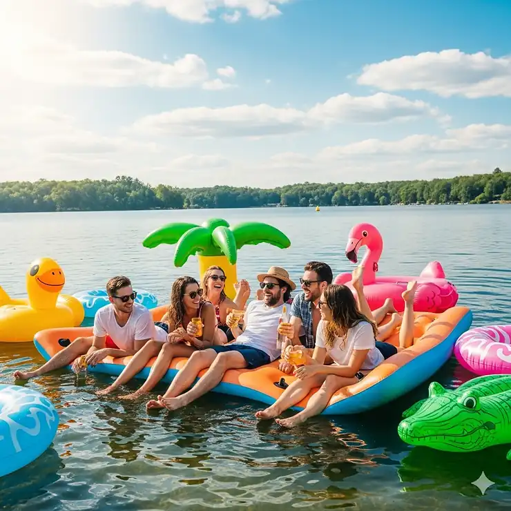 A group of friends laughing and relaxing on a large, inflatable floating mat on a calm lake, surrounded by other popular lake toys.