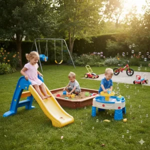 The best outdoor toys for 3-4 year olds include a brightly colored plastic slide, a sandbox, and a water table in a sunny backyard.