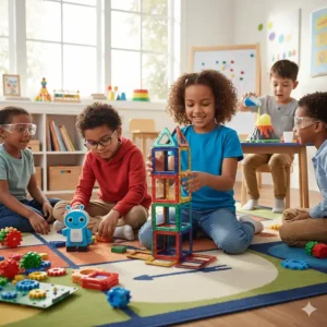 A group of happy six-year-olds playing with a variety of brightly colored STEM toys like magnetic tiles, a coding robot, and a science experiment kit.