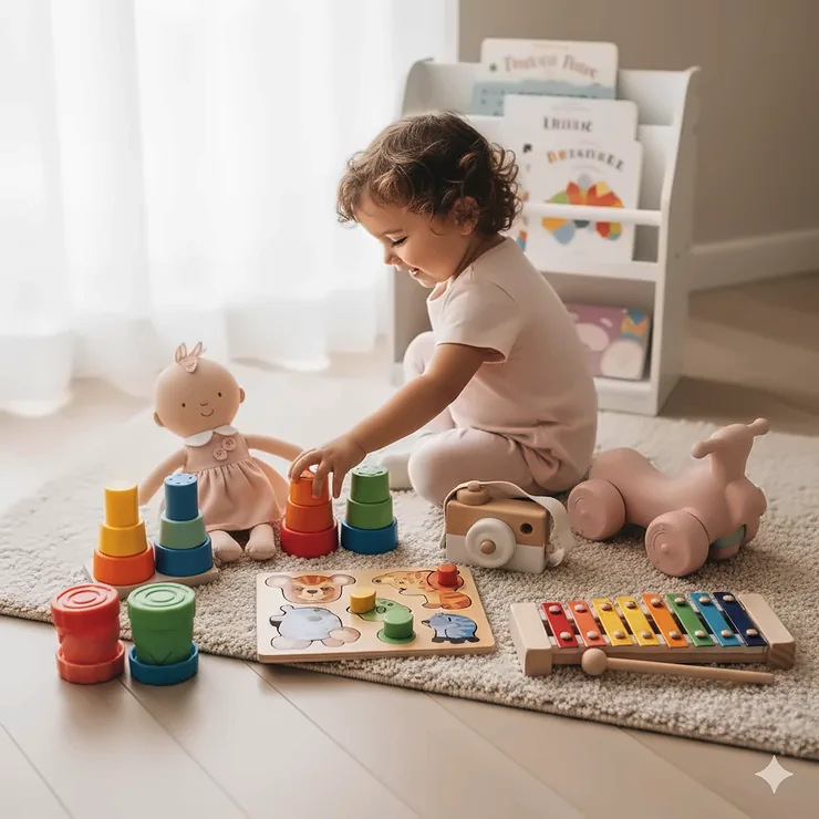 Best toys for 2 year olds girl arranged neatly, including a wooden puzzle, colorful stacking cups, and a plush doll.