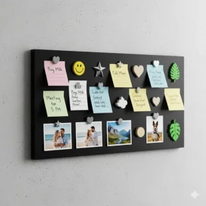 A sleek black magnetic board displays an organized collection of small, decorative magnets holding up various notes and photos.