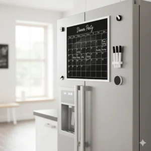 A sleek, black magnetic calendar on a refrigerator door, using white chalk markers to create a sophisticated and minimalist look.