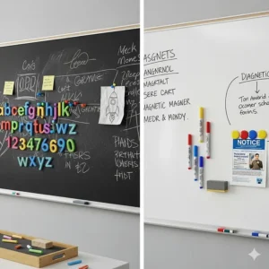 A side-by-side comparison of a large magnetic chalkboard and a classic whiteboard, highlighting their unique features.