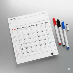 A blank magnetic calendar template, showing the grid layout and included dry-erase markers, ready for a user to write in their own schedule and appointments.