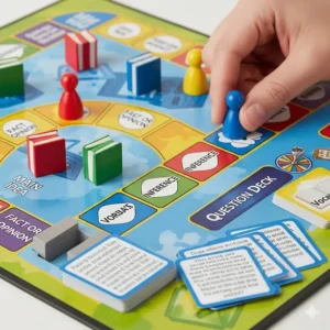 A close-up view of a physical board game focused on reading comprehension, with players moving pawns to answer questions.