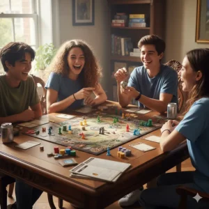 Friends laughing while playing an intricate board game, a popular choice among interactive toys for teenagers and older kids.