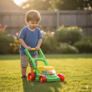 A little boy is pretending to mow the lawn with a colorful plastic toy lawn mower, a popular role-playing outdoor toy for 4 year olds.