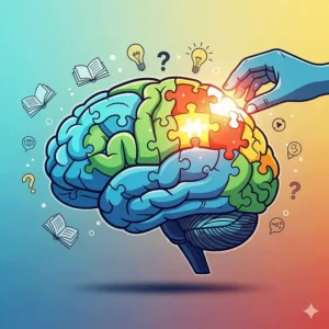 A stylized brain with puzzle pieces, representing the cognitive benefits of reading comprehension games for developing critical thinking.