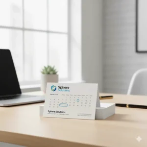 A stack of personalized calendar magnets designed for a business, featuring a logo, company contact information, and a professional design. These custom magnets are effective promotional giveaways for clients.