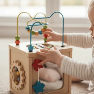 Close-up of a busy activity cube with buttons and shapes, a favorite toy for 7 months old babies learning cause and effect.