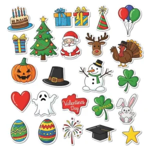A variety of fun, illustrated stickers for holidays and special events, such as birthdays and Christmas, to use on a kids' calendar.