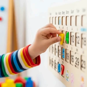 A child's hand placing a number on an interactive calendar. This image highlights the educational aspect of learning numbers and counting.