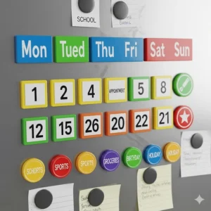 A close-up shot of a set of magnetic calendar pieces attached to a stainless steel refrigerator, demonstrating how they can be used for practical and accessible family organization.