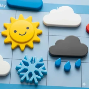 Close-up of various magnetic weather icons for an interactive kids' calendar, including sun, clouds, rain, and snow.